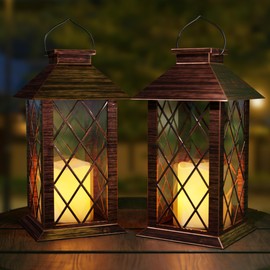 AFINETH Outdoor Solar Lanterns, Waterproof Hanging Lantern with LED Flickering Flameless Candle, 13'' Bronze Outdoor Solar Powered Lantern Decor for Porch Patio Garden Balcony Pathway, 2 Pack