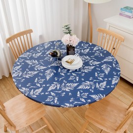Round Vinyl Fitted Tablecloth with Flannel Backing Elastic Edged Table Cloth Waterproof Oil-Proof Plastic Table Cover (Blue Leaves Pattern, Large Round Fits Table up 45"-56" Diameter)