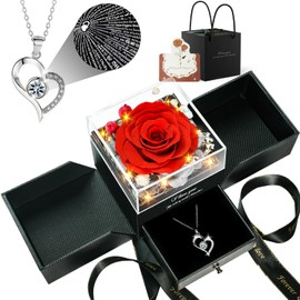 Birthday Gifts for Women, Preserved Real Roses with Heart Necklace I Love You in 100 Languages, Romantic Anniversary Wedding Gifts for Women Her Girlfriend Wife, Forever Roses Necklace Gift Box Red