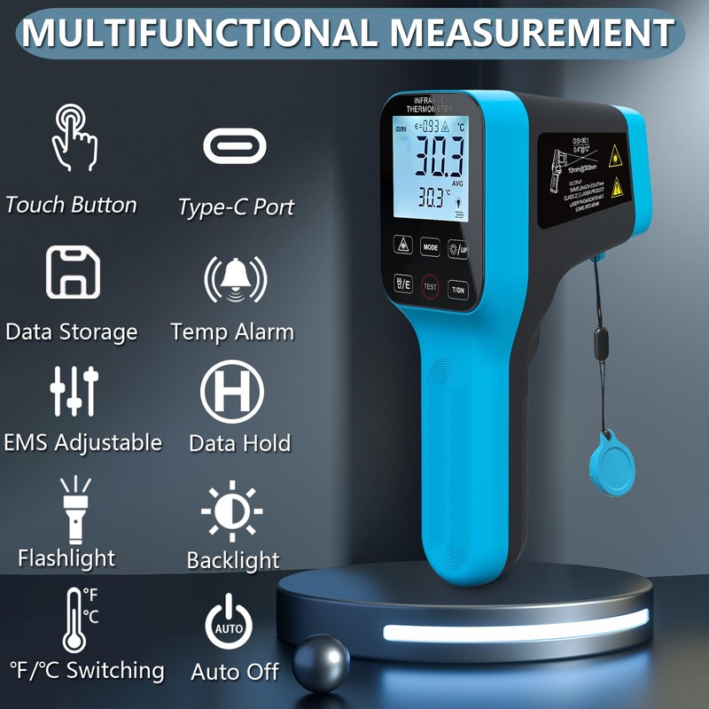 HOLDPEAK Pyrometer D:S=30:1 with Bluetooth, High Temp Infrared Thermometer -58℉~2912℉,