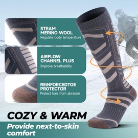 PULIOU Merino Wool Ski Socks, Cold Weather Socks for Snowboarding, Snow, Winter, Thermal Knee-high Warm Socks, Hunting 2 pairs(Grey,M)