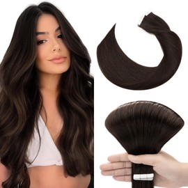 Tape-In Hair Extensions, 100% Real Human Hair Extensions, Full Head, Straight, 60 cm, 50 g, #2 Dark Brown