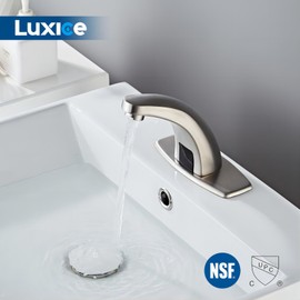 Luxice Brushed Nickel Touchless Bathroom Sink Faucet, Battery Operated Automatic Motion Sensor Hands Free Commercial Faucets with Hot & Cold Temperature Mixing Valve