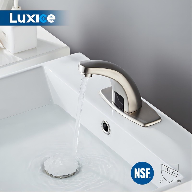 Luxice Brushed Nickel Touchless Bathroom Sink Faucet, Battery Operated Automatic