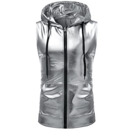 ZEROYAA Mens Hipster Metallic Zip Up Sleeveless Hooded Vest T Shirt with Kangaroo Pocket Z86 Silver Small