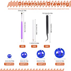 Tanstic 2606Pcs Flat Back Gems Rhinestones Kit, 2/3/4/5mm Blue Crystal Rhinestones with B7000 Glue, Tweezer, Picker Pen Dotting Tool for Nail Clothes Shoes Bags DIY Art