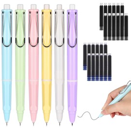 AUAUY Retractable Fountain Pen, Pack of 6 Refillable Fountain Pens with 12 Black Ink + 12 Blue Ink, 0.38 mm Extra Fine Tip, Best Gift for Children and Adults Macaron