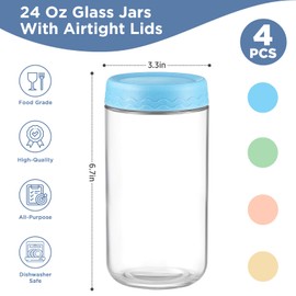 DRKIO 24 Oz Overnight Oats Containers with Lids - 4 Pack Glass Storage Jars with Airtight Lids Wide Mouth Mason Food Jars Great for Meal Prep Salad Chia Pudding Snacks Yogurt Sugar Spice Cereal
