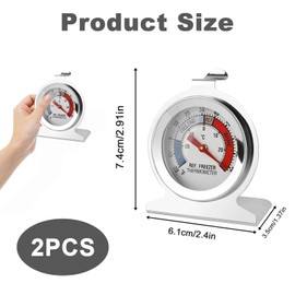 Pack of 2 Refrigerator Thermometers, Analogue, Stainless Steel Fridge Freezer Thermometer, Indoor Fridge Thermometer for Household Refrigerators and Commercial Refrigerators, Easy to Read
