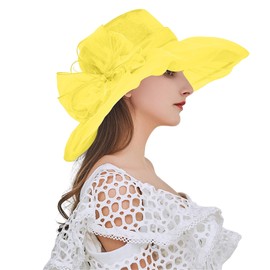 Frühlings Ineinander greifen Sonnenschutz Hut Blumen Temperament Hochzeits Kleid Sonnen Kuppel große Krempen für Sonnenhut (Yellow, One Size)