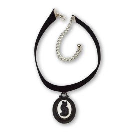 Real Metal Black Velvet Choker with Gothic Black Cat Cameo Adjustable Size CH-652