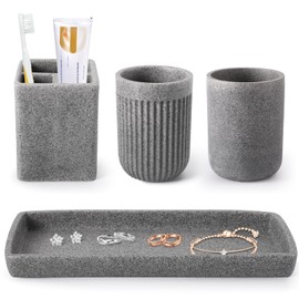 Resin Matte Gray Bathroom Toothbrush Cups Set with Holder and Tray, 4 Pcs Bathroom Accessories Set Counter Organizer for Sink Home Decor