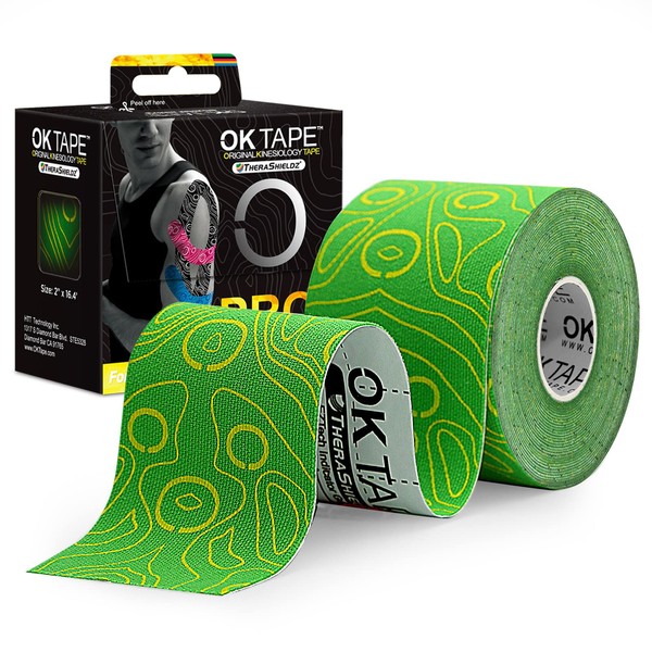 OK TAPE PRO Kinesiology Tape, 2inch x Long Roll 16ft Free Cut Tape, Elastic Athletic Tape Therapeutic Latex Free, Yellow+Green