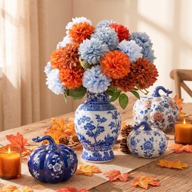 Wavyknot 6 Pcs Artificial Chrysanthemum Flower Blue and Orange Faux Fall Kiku Mums Flower Artificial Ball Chrysanthemum Floral for Fall Table Centerpieces Vase Kitchen Home Indoor Decoration