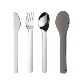 Portable Travel Utensils with Silent Silicone Case, Stainless Steel Spoon, Fork, Knife, BPA Free Cutlery for Kids, Adults, Picnic, Camping, Noise-Free Storage (Light Gray)