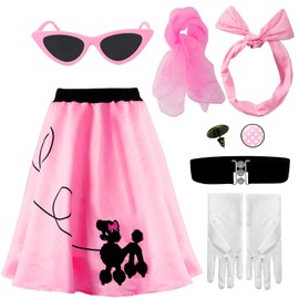 1950s Poodle Skirt Costume Outfit for Women 7Pcs 50s Accessorie Set Dress Eyeglass Glove Belt Headband