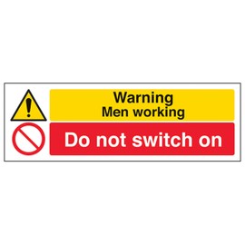 V Safety Warning Men Do Not Switch On - Landscape 300 x 100 mm - 3mm Brushed Aluminium Composite Safety Sign