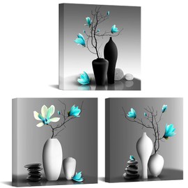 Nachic Wall Modern Flower Painting Teal Orchid Wall Art Framed Set of 3 Zen Stones Turquoise Floral Pictures for Home Living Room Bathroom Spa Decoration Ready to Hang
