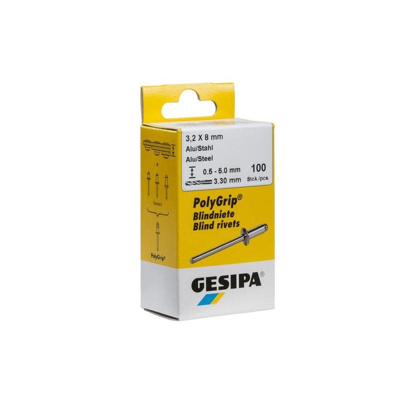 Gesipa 1464885 Polygrip Steel Blind Rivets, Silver, 4.8 x 17