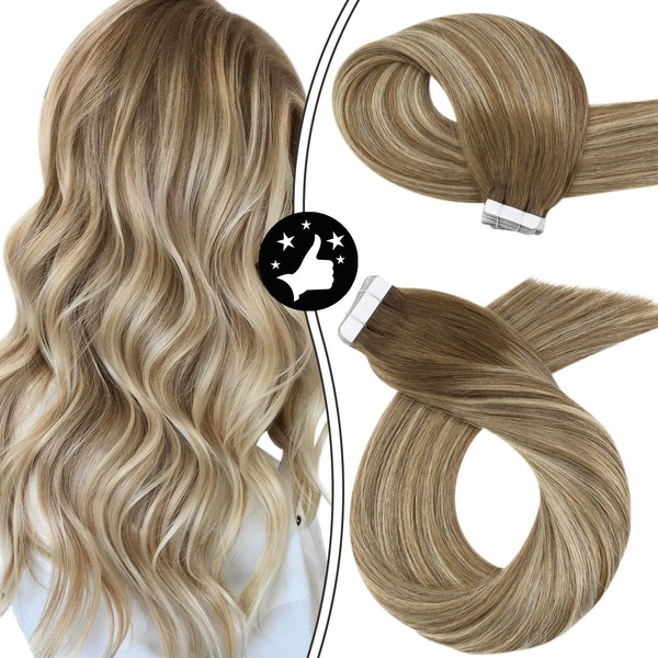Tape in Hair Extensions, Moresoo Human Hair Extensions Tape in Real Hair Extensions 12 Inch Short Hair Ash Brown Ombre to Blonde Highlighted Light Blonde Natural Hair Tape in Extensions 30G/20Pcs
