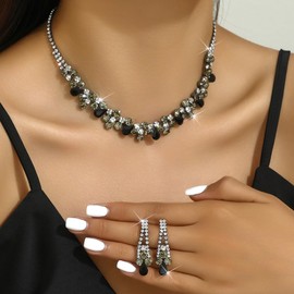 Punk Black Shiny Sexy Rhinestones Choker Necklace Earrings for Women Drop Dangle Chandelier Earrings Chunky Short Necklace Black Chain Necklace for Women