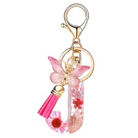 Choleeki Cute Initial Letter Keychain for Women Girls with Pink Tassel Butterfly for Backpacks Handbags, J, Small