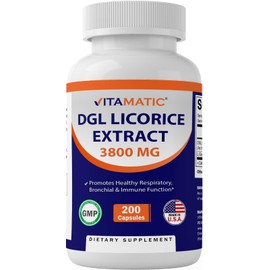 Vitamatic DGL Licorice 10:1 Extract 380 mg (3800mg Equivalent of Licorice Root) - 10X Stronger - Supports Healthy Digestive & Respiratory Functions - 200 Capsules
