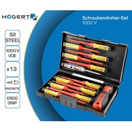 Högert HT1S997 Insulated 1000 V Screwdriver Set with Interchangeable Handle with Voltage Tester for Detecting Voltage in Sockets - Red/Yellow