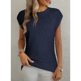 Dokotoo Sweater Vest Round Neck Cable Knit Fall Outfits for Women Cap Sleeve Tops for Women Trendy Womens Clothes Navy Blue Large