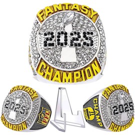 2025 Fantasy Football Championship Ring | Heavy FFL Champion Ring | Gold Silver Tone Plated Award Trophy for Fantasy Football League Winner (ring and stand together, size 13)