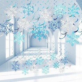 60pcs Glittery Winter Snowflake Hanging Swirl Decoration Christmas Ceiling Streamers Decor Double-Sided Snowflake Swirl for Winter Holiday Birthday Baby Shower Xmas New Year Wedding Party Supplies