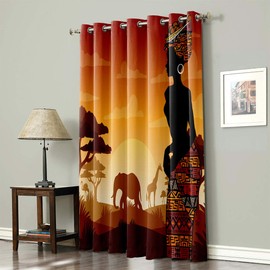 BABE MAPS Thermal Insulated Grommet Blackout Curtains for Bedroom 72 Length Window Treatment Home Decor Curtains for Living Room, African Women Window Drapes 1 Panel- Sunset Calm Evening