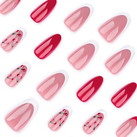 Cherry Press on Nails Almond Red Fake Nails Medium French Tip False Nails with Cute Cherry Designs Acrylic Nails Spring Glue on Nails Glossy Medium Artificial Nails Stick on Nails for Women