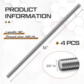 Blulu 4 Pcs 3/8-16 Fully Threaded Rod, 36 Length, 304 Stainless Steel Long Threaded Screw, Right Hand Threads