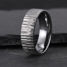 Tungsten Carbide Ring for Men Women 8mm Silvery Hammered Bark Textured Classic Men's Wedding Bands Polished Comfortable Fit Suitable for Party Anniversary (8mm silvery, 8)