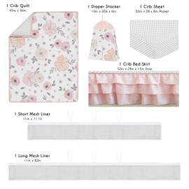 Sweet Jojo Designs 6-Piece Baby Crib Bedding Set (Pink/Grey Boho Floral) for Girls, Infants/Nursery incl. Blanket, Fitted Sheet, Skirt, BreathableBaby Breathable Mesh Crib Liner (Watercolor Polka Dot)