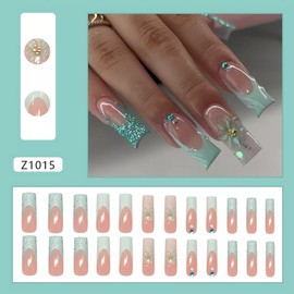 OHWODA Long Square Press on Nails, Mint Green Glitter French Tips Fake Nails, 3D Flower Design Glue on Nails, Glitter French Tip False Nails, Spring Stick on Nails for Women Girls, 24 Pieces
