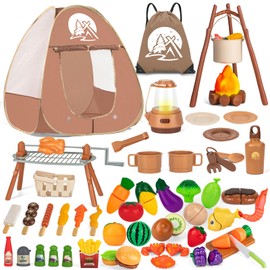 NisKaqsn 80PCS Kids Camping Toys Set with Play Tent Campfire Toys,Toy BBQ Grill Set,Pretend Cutting Play Food Set for Kid Kitchen, Indoor Outdoor Toys Pretend Playset for Toddler,Gifts for Boys Girls