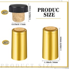Blulu 100 Pack Wine Sealer for Wine Bottles, 50 Pcs Cork Stoppers and 50 Pcs PVC Heat Shrink Capsules Bottle Resealer Kit for Cruise Home Cellars Wedding Christmas Party(Gold)