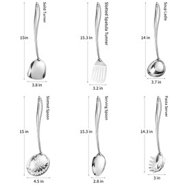304 Stainless Steel Cooking Utensils Set,6 Pcs Long Metal Kitchen Utensils Set with Spatula, Solid Spoon, Ladle, Skimmer, Spaghetti Spoon,Dishwasher Safe