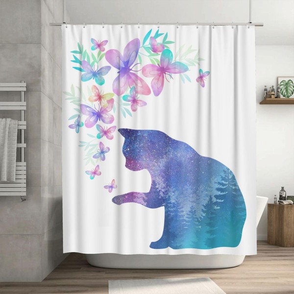 yowecso Cat Shower Curtain Cat wiht Butterfly Bathroom Shower Curtains