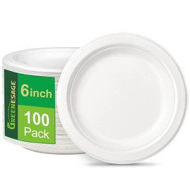 GREENESAGE Rigid 6 inch 100 Pack Heavy Duty Disposable Paper White Plates Sugarcane Small Disposable Plates Strong Dishes for Picnic Wedding Party BBQ