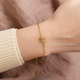 BXDA May Birth Flower Gold Bracelets for Women, Trendy Statement Adjustable Stackable Lily Chain Bracelet Birthday Outfit Accessories Jewelry Gift.