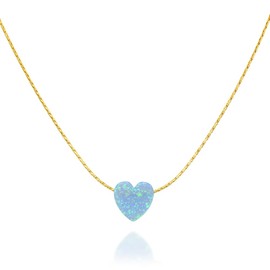 Tooliks - Blue Opal Heart on 14K Gold Filled Choker Necklace - Designer Handmade Thin Collar for Women - Length: 13.5 inch + 3 inch Extender (gold filled, blue)