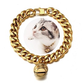 AAAbling 18K Gold Cat Dog Collar Kitten Puppy 1/2inch 12mm Wide Stainless Steel Kitten Choker Curb Chew Proof Cuban Link Chain with Bell (Neck Fit 6"-8")