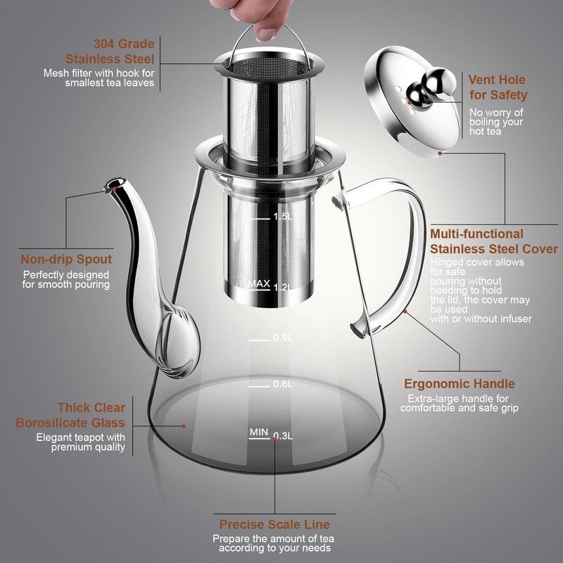 Zpose 1500ml Glass Teapot, Large Tea Pot with Infuser for