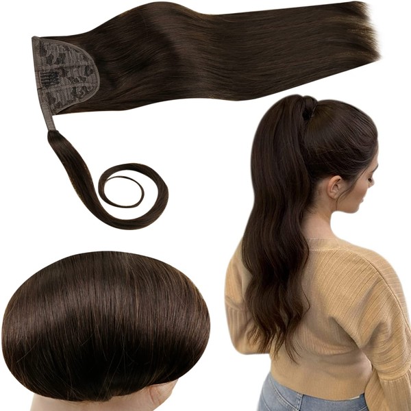 Runature Real Hair Extensions Brown, 45cm, Straight Hair Extensions, 80g, One Piece, Invisible Ponytail Extensions, Dark Brown, Remy Human Hair Colour #2