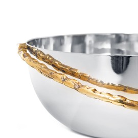 GUTE Decorative Silver Serving Bowl Fruit Catch All, Golden Leaf Vine, Stainless Steel Metal & Brass, Gold Leaves Trim Accent Basket Fruit, Potpourri Living, Dining Room Table Home Decor 7" L 6" W