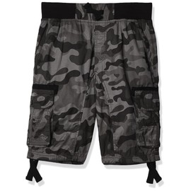 Southpole Boys' Big Fine Twill All Over Camo Jogger Shorts with Cargo Pockets, Grey/Black, Small