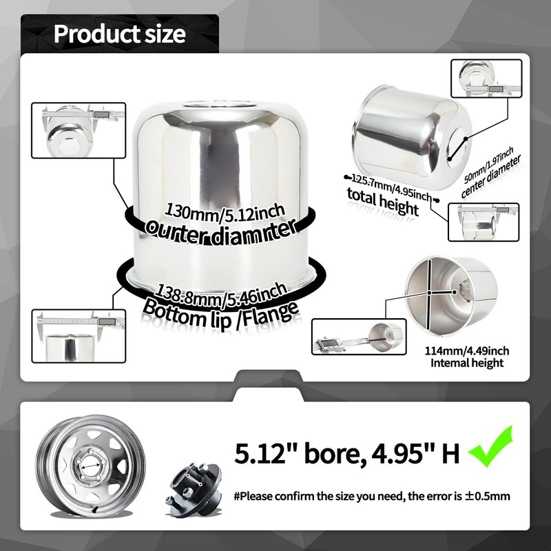 4Pcs 5.15" OD 4.95" H Trailer Wheel Center Caps with